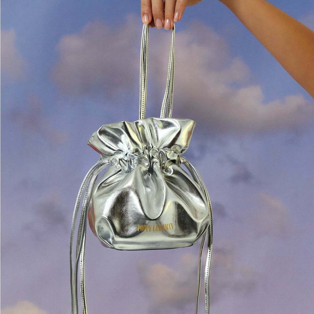 🪩Metallic Silver Mini Drawstring Bag Disco Y2K Streetwear Vegan Chrome 2000s